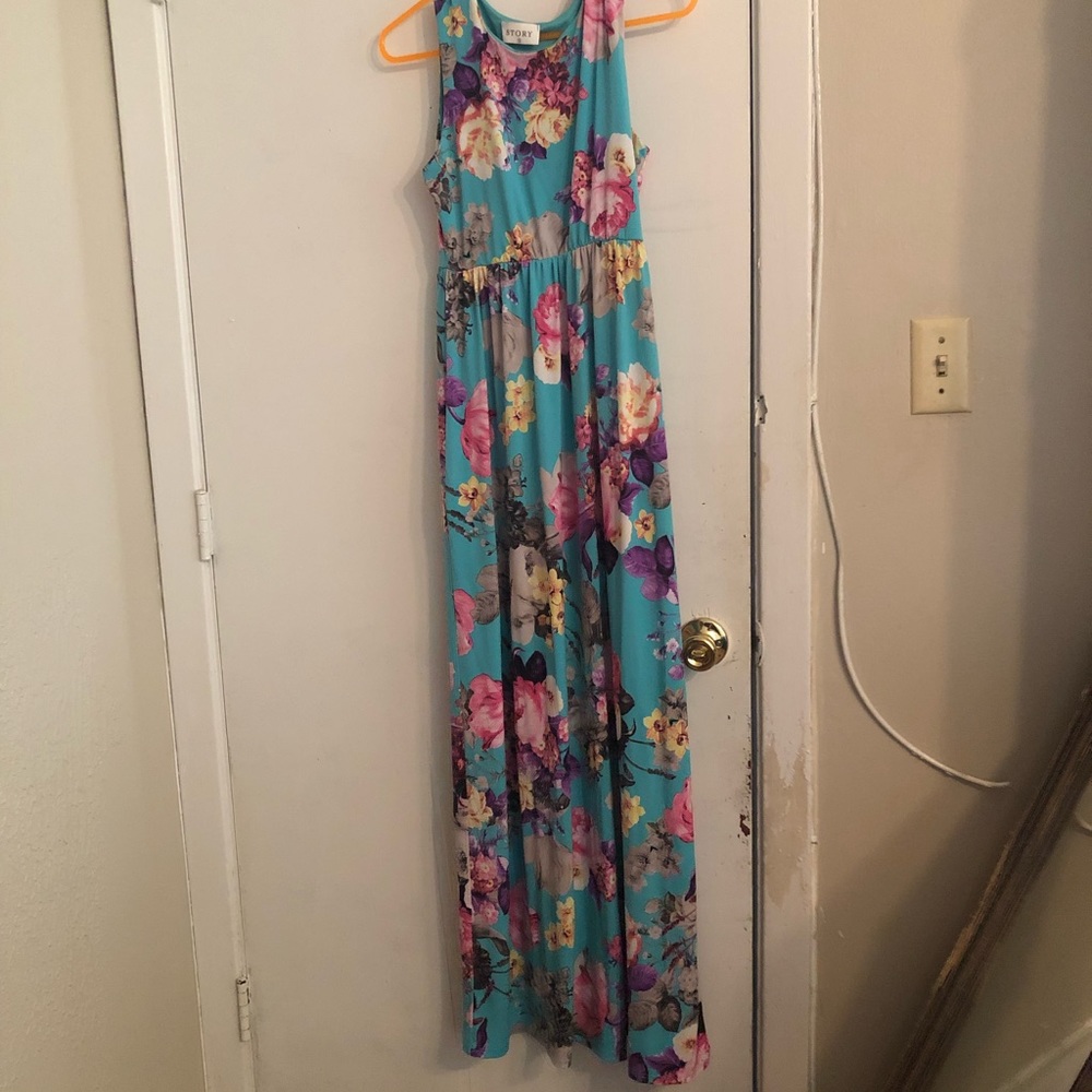 A Story brand, size S, long blue floral printed summer dress.